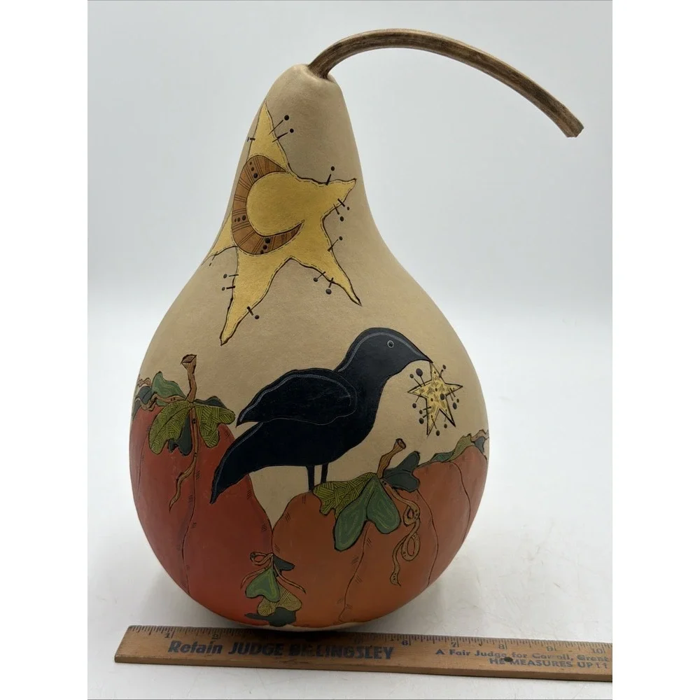 Primitive Hand Painted OOAK By Folk Artist Fall Gourd Crow Pumpkins